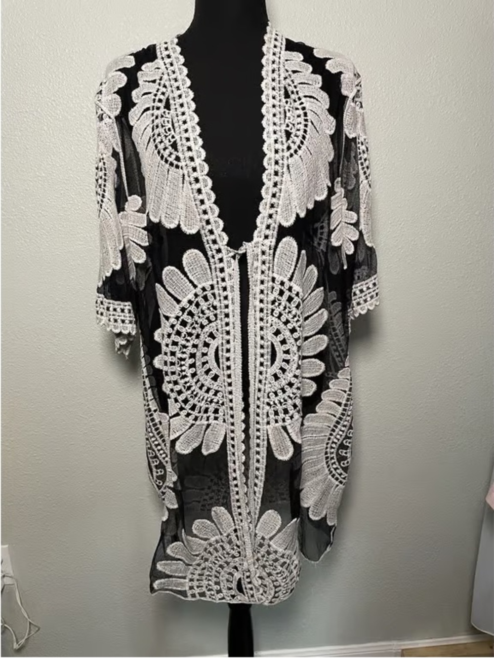 Black Sheer Lace-Embroidered Kimono Cover-Up